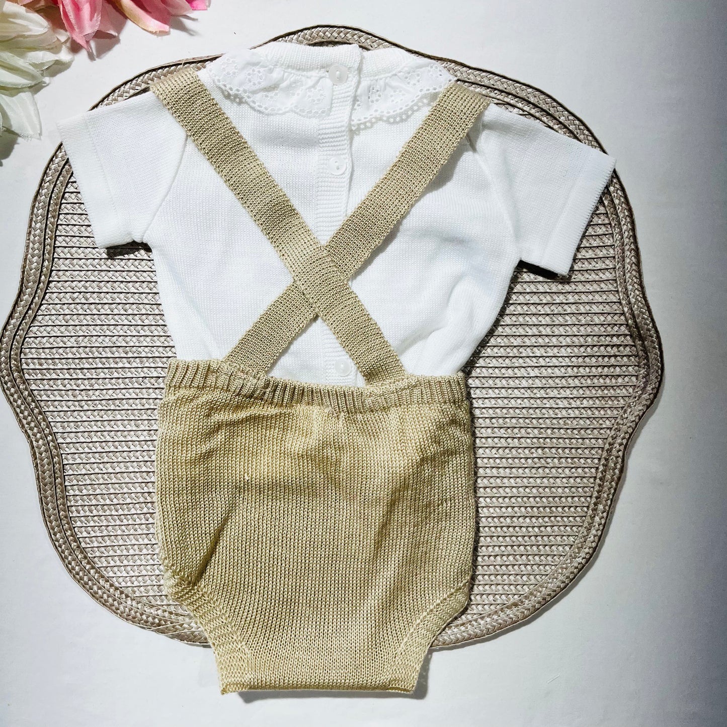 Conjunto saída de maternidade para bebé - Conjunto Laço de bebé em malha - Areia - 2 peças