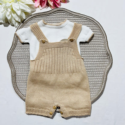 Conjunto saída de maternidade para bebé - Conjunto de malha para Bebé  - Camisola e calção em Algodão - Areia