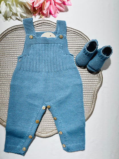 Jardineira + carapins para bebé - Algodão em azul cobalto