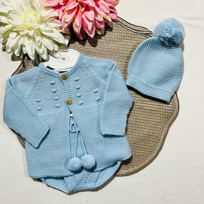 Conjunto saída de maternidade para bebé - Casaco, tapa-fraldas e gorro - Azul
