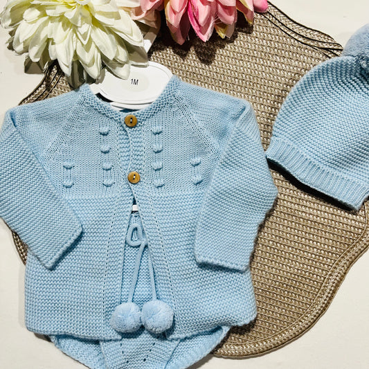 Conjunto saída de maternidade para bebé - Casaco, tapa-fraldas e gorro - Azul