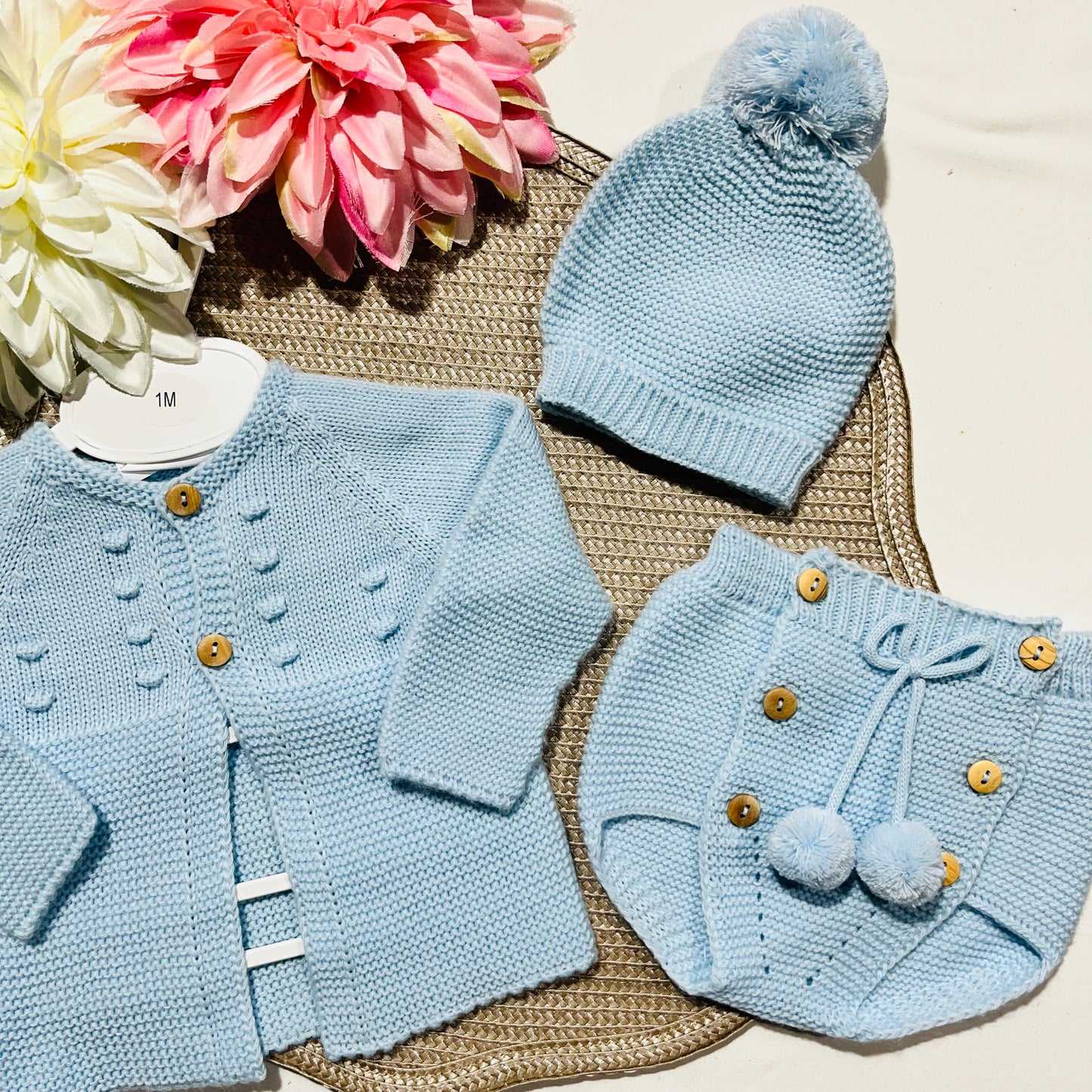 Conjunto saída de maternidade para bebé - Casaco, tapa-fraldas e gorro - Azul