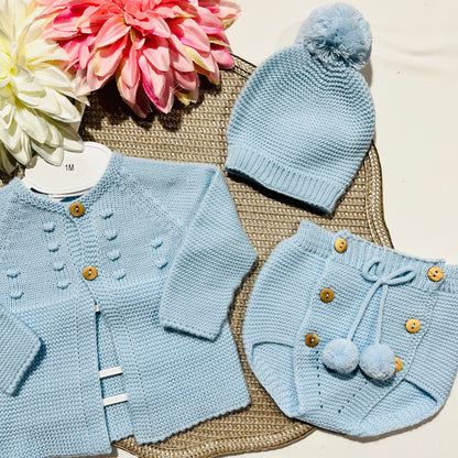 Conjunto saída de maternidade para bebé - Casaco, tapa-fraldas e gorro - Azul