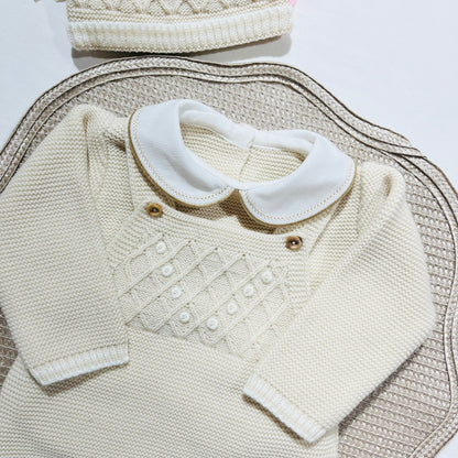 Conjunto saída de maternidade para bebé - Fofo, camisola e gorro em malha