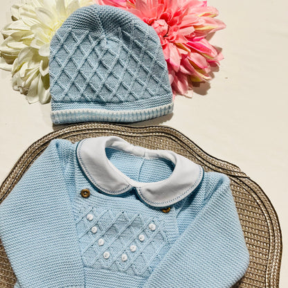 Conjunto saída de maternidade para bebé - Fofo, camisola e gorro em malha