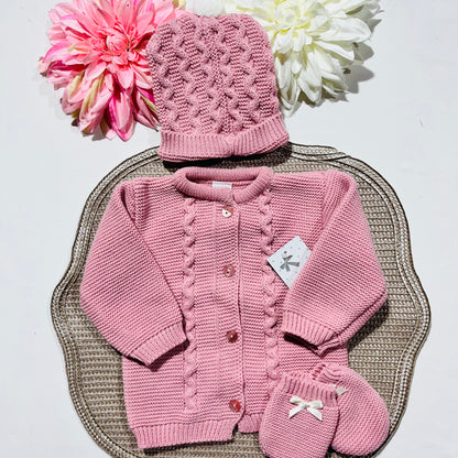 Conjunto de bebé - Casaco + Gorro + luvas - Rosa velho