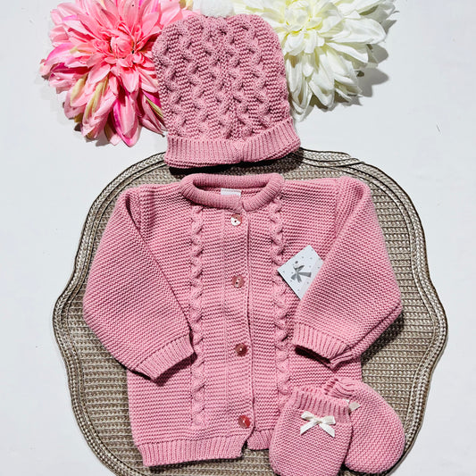 Conjunto de bebé - Casaco + Gorro + luvas - Rosa velho
