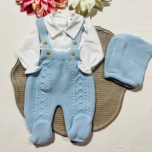 Conjunto jardineira,  camisa  e gorro para bebé - 1/3M - Azul