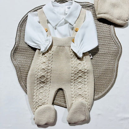 Conjunto jardineira,  camisa  e gorro para bebé - 1/3M - Areia