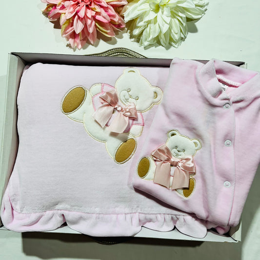 Conjunto em veludo - Manta + Babygrow - 1M - Rosa