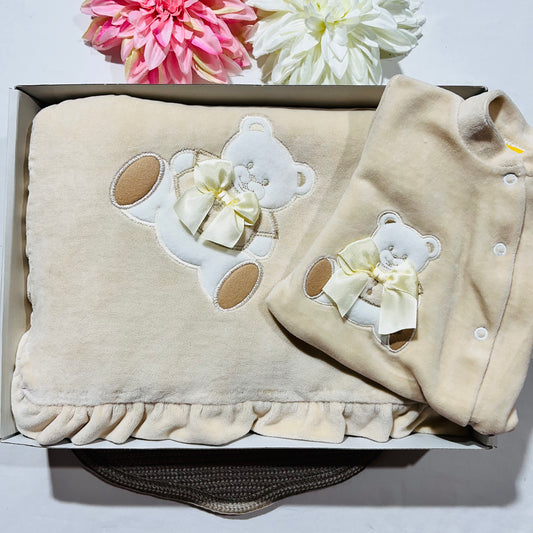 Conjunto em veludo - Manta + Babygrow - 1M - Areia