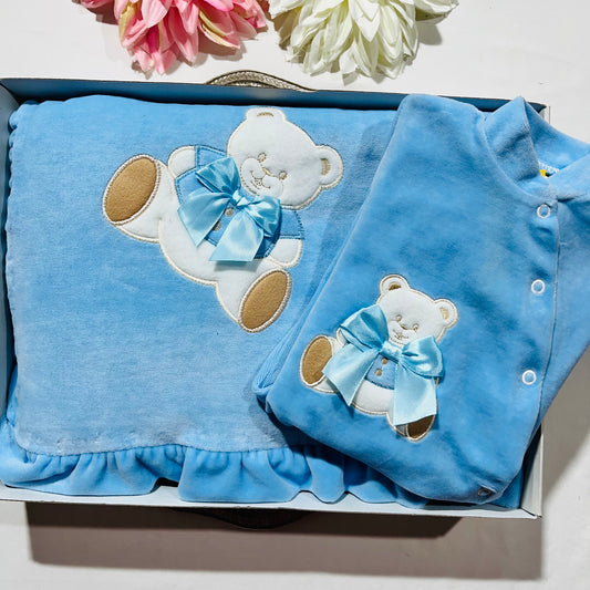 Conjunto em veludo - Manta + Babygrow - 1M - Azul