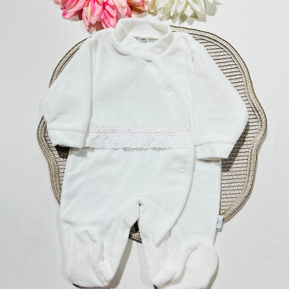 Babygrow  recém-nascido -  Veludo com bordado inglês