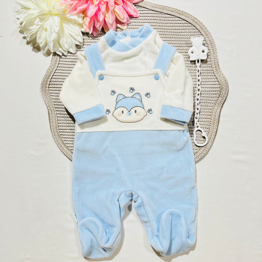 Conjunto jardineira bebé "Gatito" com prende chucha em veludo - Azul