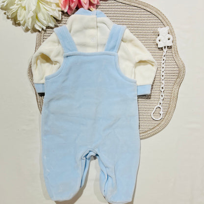 Conjunto jardineira bebé "Gatito" com prende chucha em veludo - Azul