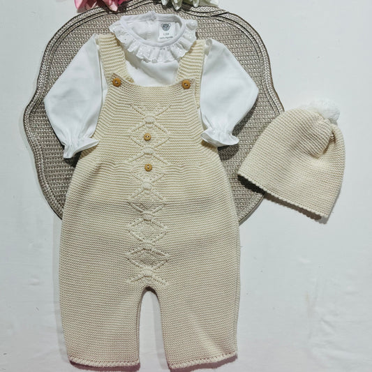 Conjunto de bebé menina  em malha - 3 peças - 1/3M - Areia