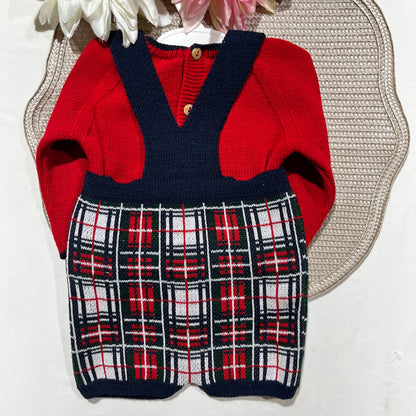 Conjunto  xadrez para bebé em malha - 1/3M e 3/6M - Vermelho