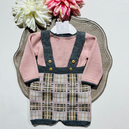 Conjunto  xadrez para bebé em malha - 1/3M e 3/6M - Rosa velho