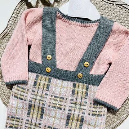 Conjunto  xadrez para bebé em malha - 1/3M e 3/6M - Rosa velho