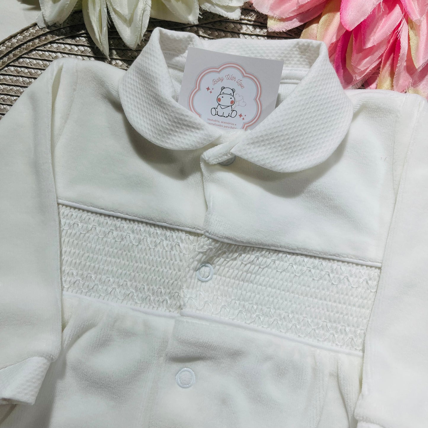Babygrow em veludo Favo de mel - Branco - 3 e 6 meses