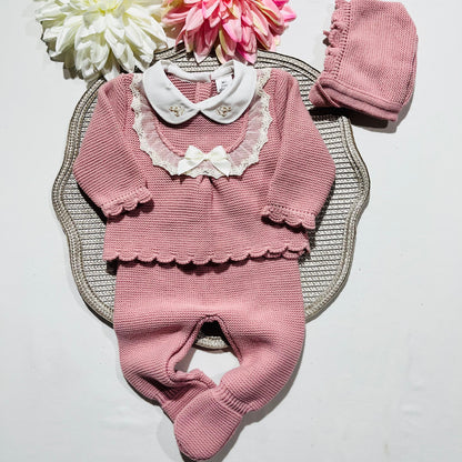 Conjunto saida de maternidade Encanto em malha para bebé - Rosa velho