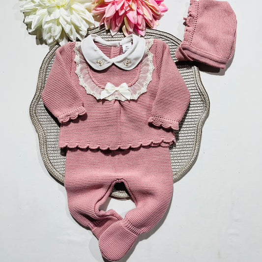 Conjunto saida de maternidade Encanto em malha para bebé - Rosa velho
