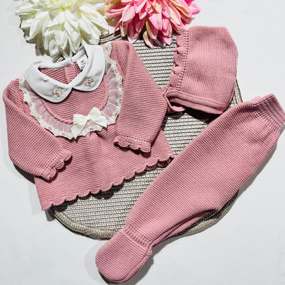 Conjunto saida de maternidade Encanto em malha para bebé - Rosa velho