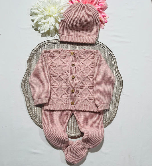 Conjunto de malha para bebé - 3 peças -1/3M e 3/6M - Rosa velho