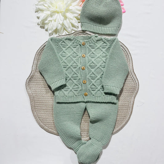 Conjunto de malha para bebé - 3 peças -1/3M e 3/6M - Verde seco