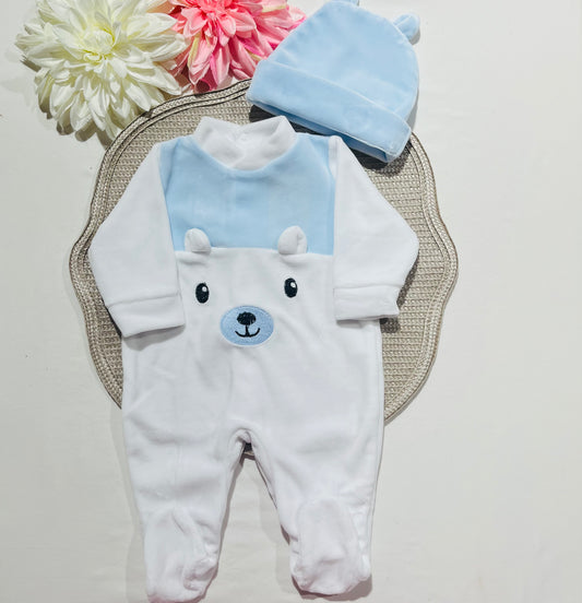 Conjunto Babygrow de veludo - Ursinho de inverno - Azul