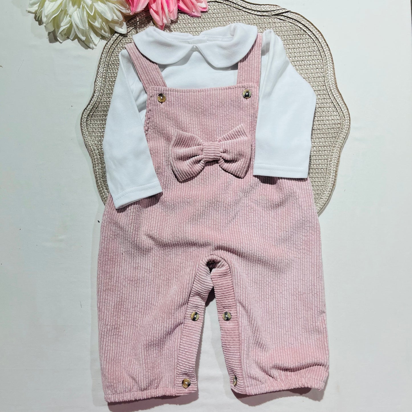 Conjunto Margarida em bombazina - jardineira e camisa - 6 e 12M - Rosa velho