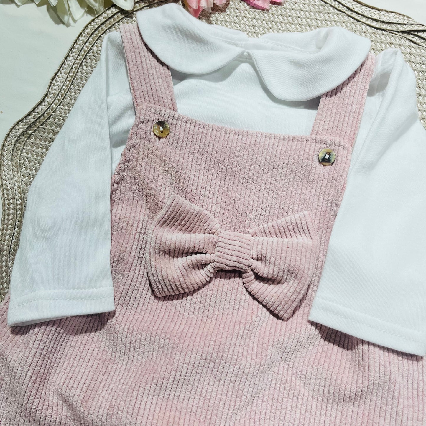 Conjunto Margarida em bombazina - jardineira e camisa - 6 e 12M - Rosa velho