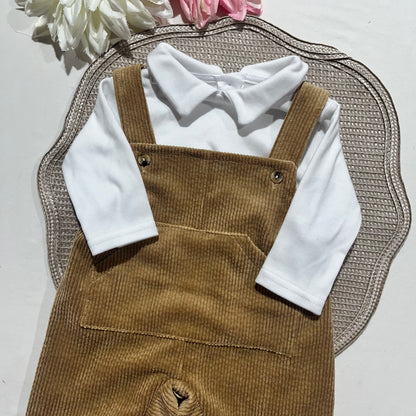 Conjunto Tomás em bombazina - jardineira e camisa - 3,6 e 12M - Areia