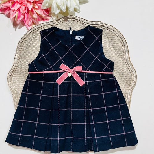 Vestido em fazenda com laço bebé - 3 e 6M