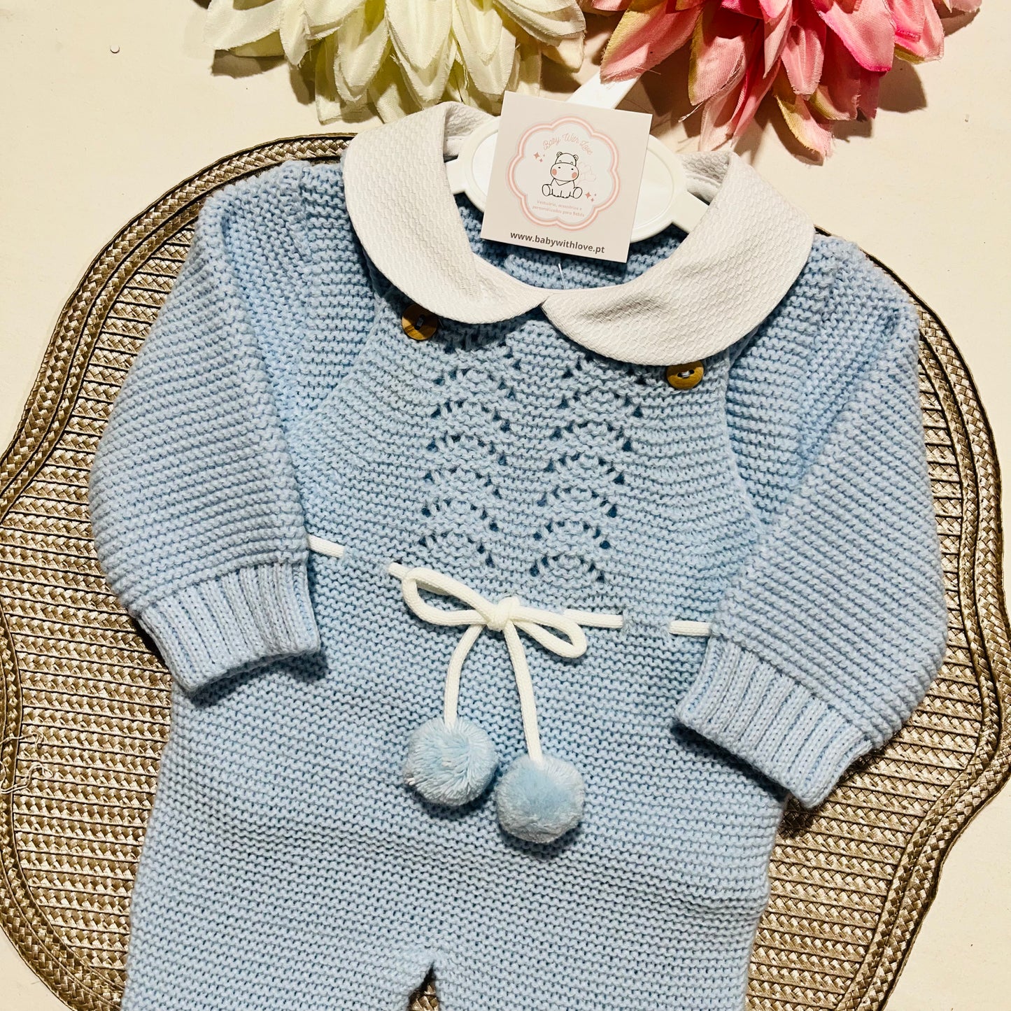 Conjunto Docinho em malha para bebé - Azul bebé- 1M, 3M e 6M
