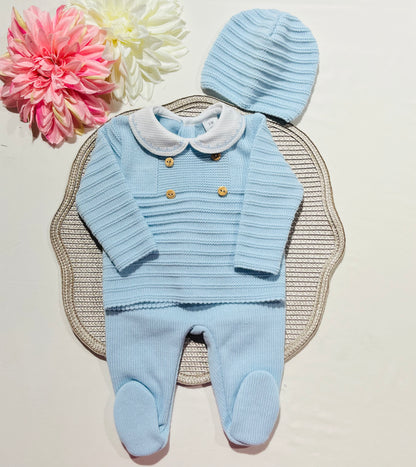 Conjunto Lucas em malha suave -Azul bebé - 3 e 6M