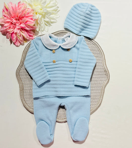 Conjunto Lucas em malha suave -Azul bebé - 3 e 6M