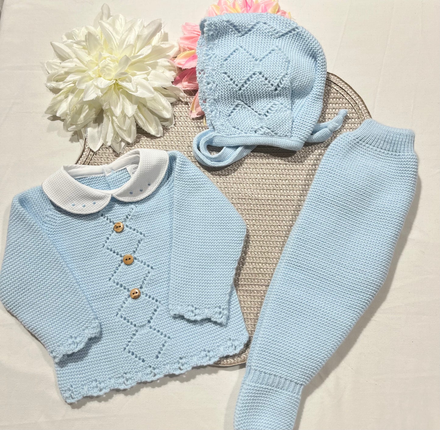 Conjunto Rodrigo em malha - 1/3M - Azul bebé