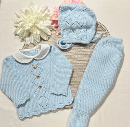 Conjunto Rodrigo em malha - 1/3M - Azul bebé