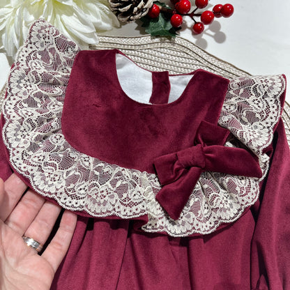 Vestido Sara  em veludo para bebé - PREMIUM - 6 e 12M - Bordou