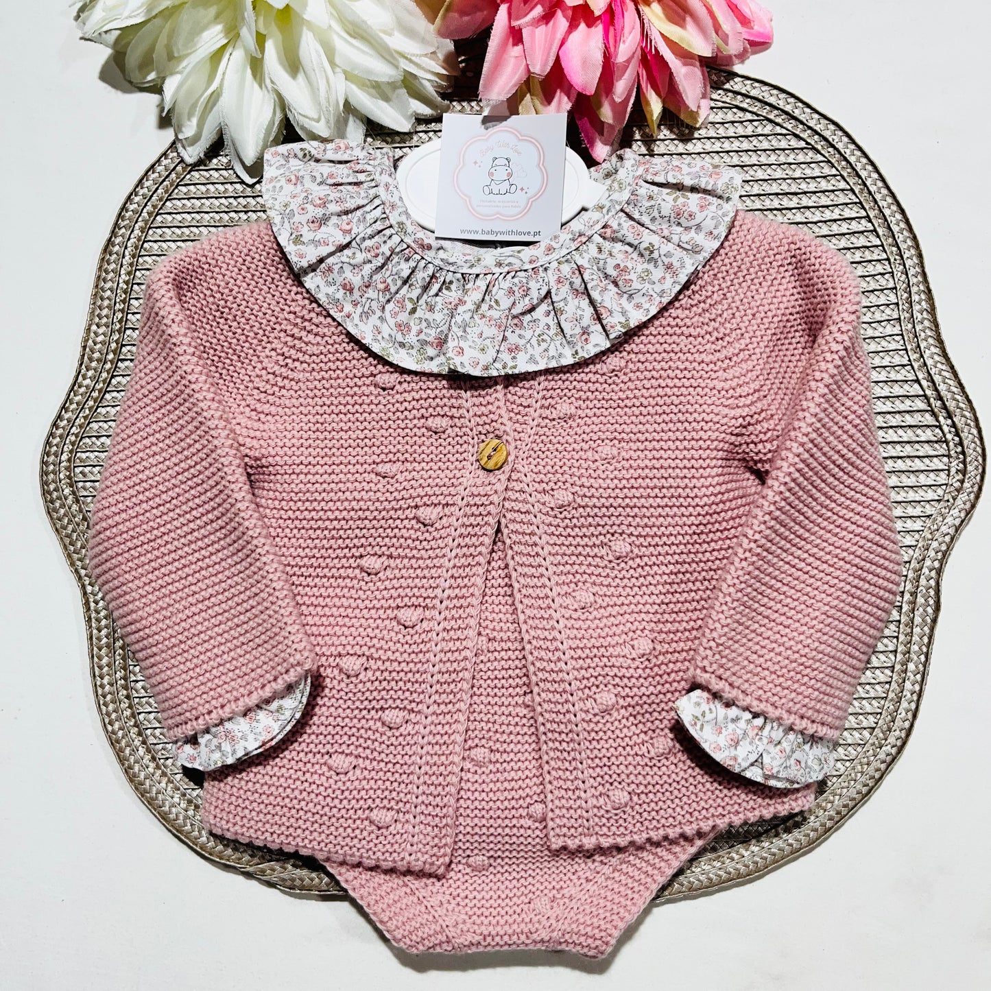 Conjunto Flor em malha para bebé - 1 aos 12M - Rosa velho
