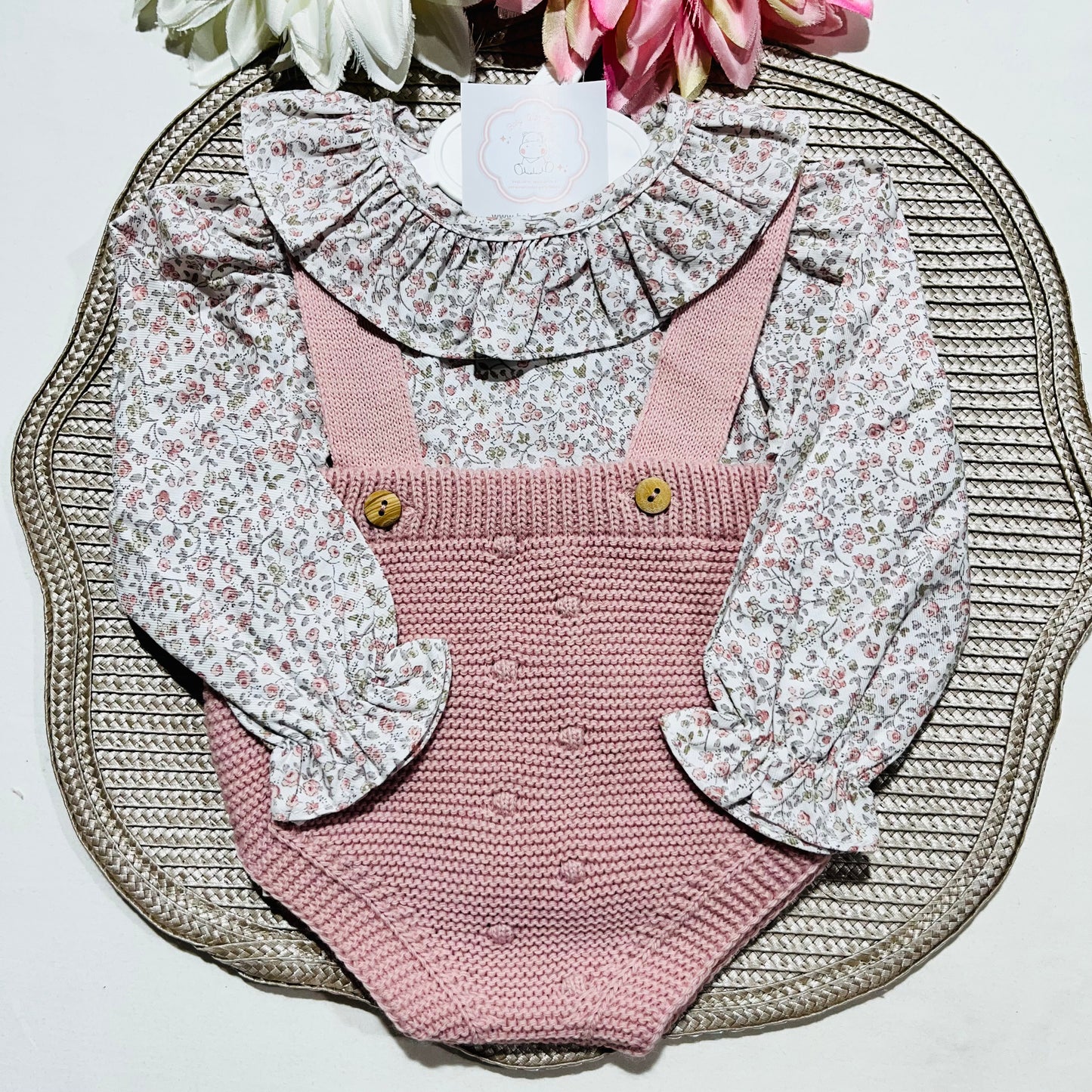 Conjunto Flor em malha para bebé - 1 aos 12M - Rosa velho