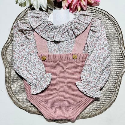 Conjunto Flor em malha para bebé - 1 aos 12M - Rosa velho