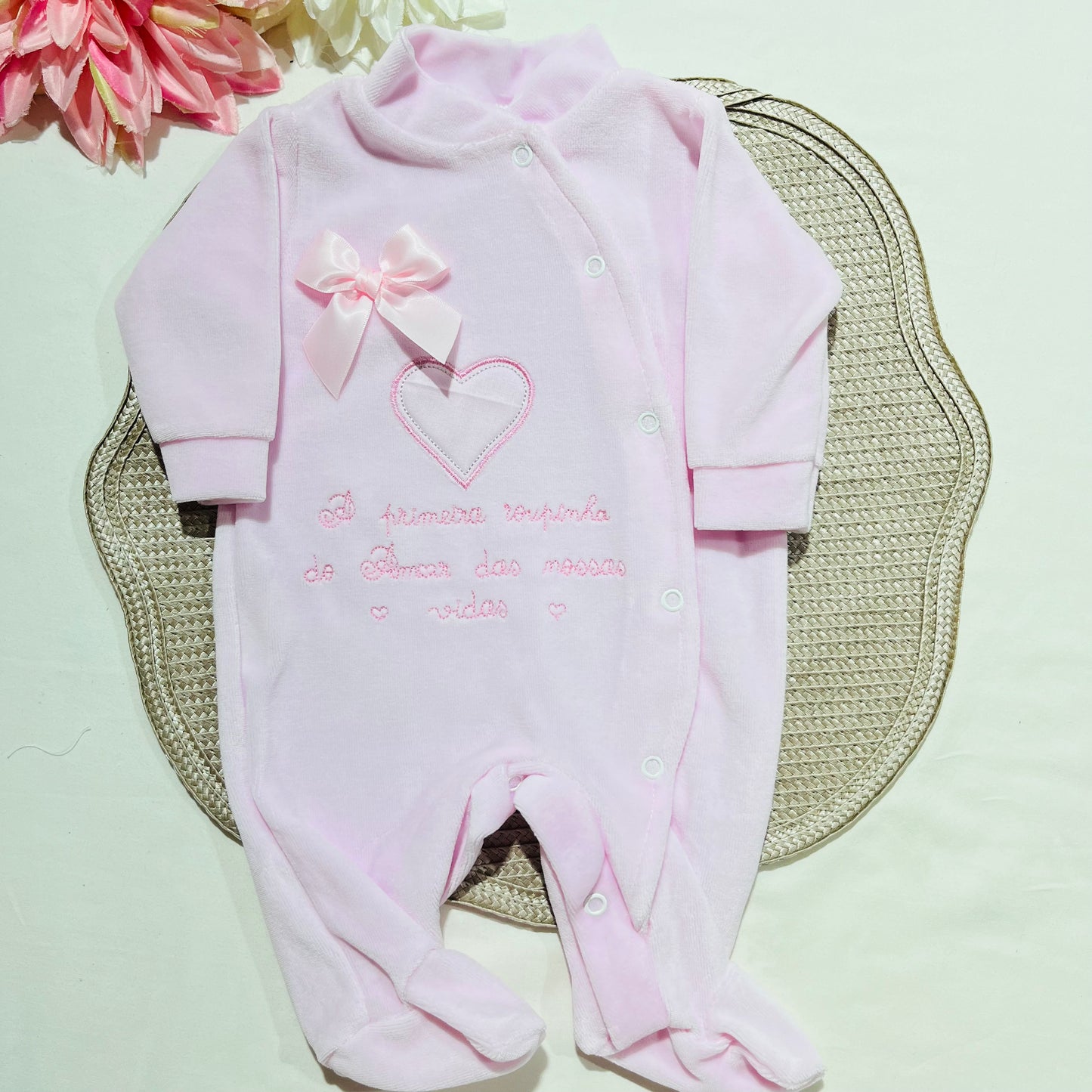 Primeira roupinha em veludo para recém-nascido - Rosa - Amor