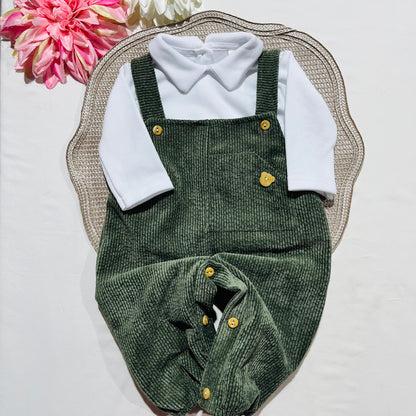 Conjunto Lucas em bombazina - jardineira e camisa - 3,6 e 12M - Verde seco