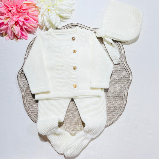 Conjunto de malha para bebé - 3 peças -1/3M e 3/6M - Pérola