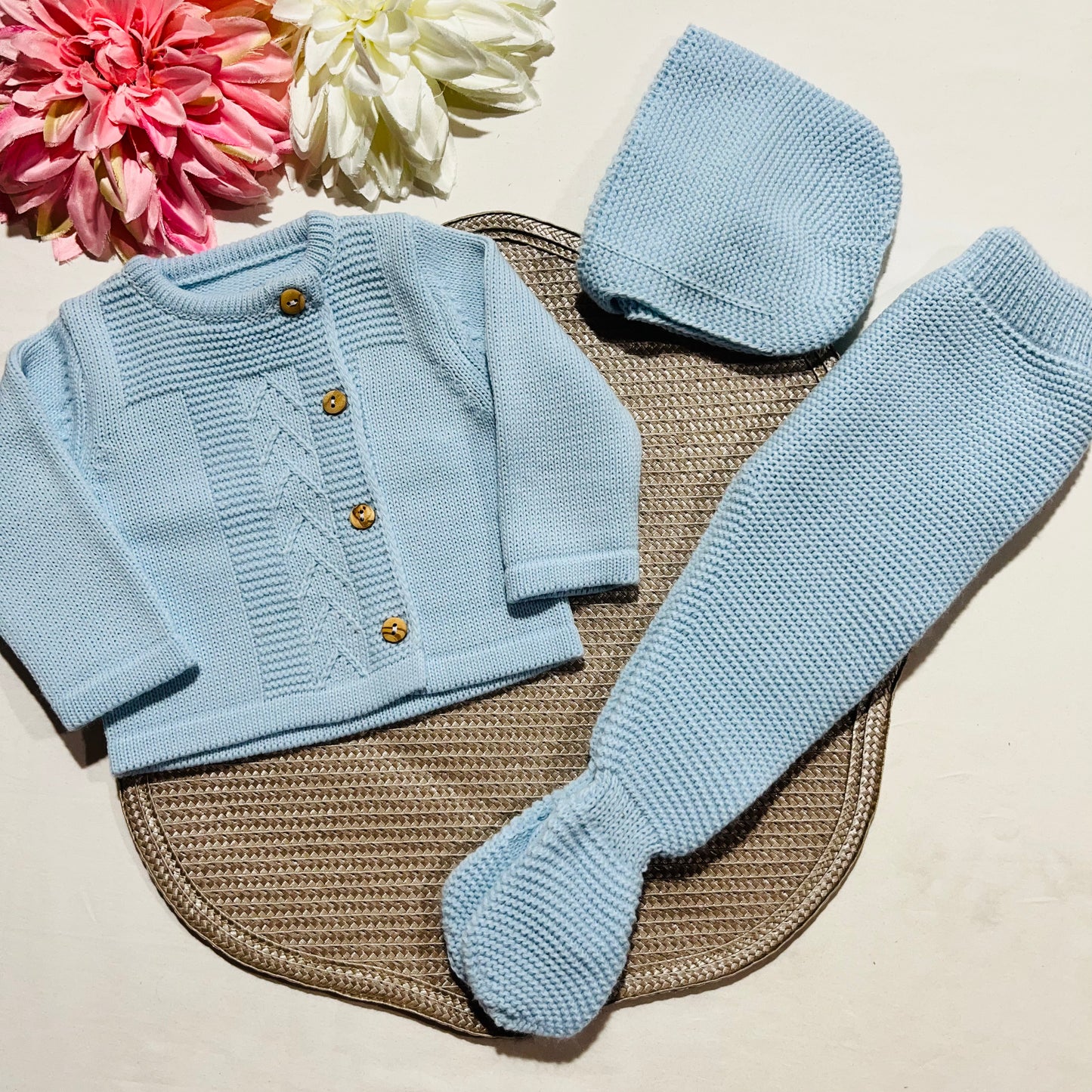 Conjunto de malha para bebé - 3 peças -1/3M e 3/6M - Azul