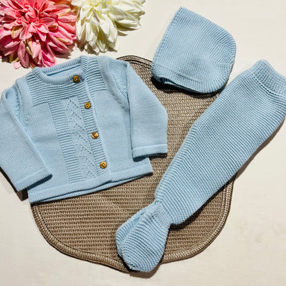 Conjunto de malha para bebé - 3 peças -1/3M e 3/6M - Azul