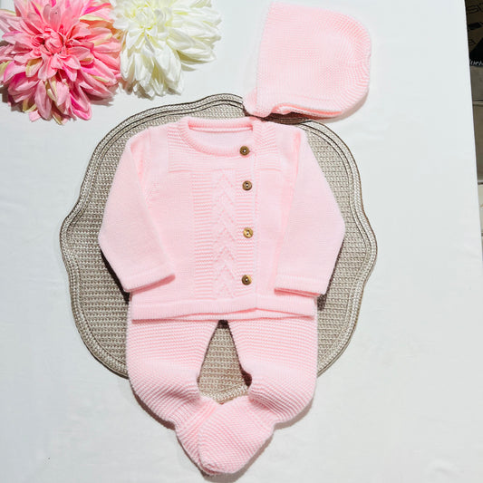 Conjunto de malha para bebé - 3 peças -1/3M e 3/6M -Rosa