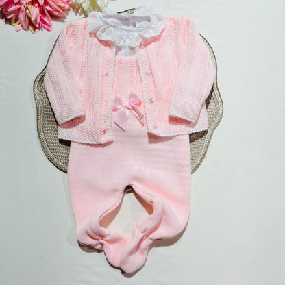 Conjunto Matilde em malha - 3M e 6M - Rosa bebé
